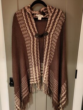 Madison 88 Brown Knit Hooded Poncho with Fringe